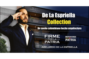 Abelardo De La Espriella frente al edificio De La Espriella Collection en la Zona T de Bogotá, presentando su proyecto de apartasuites de lujo e inversión