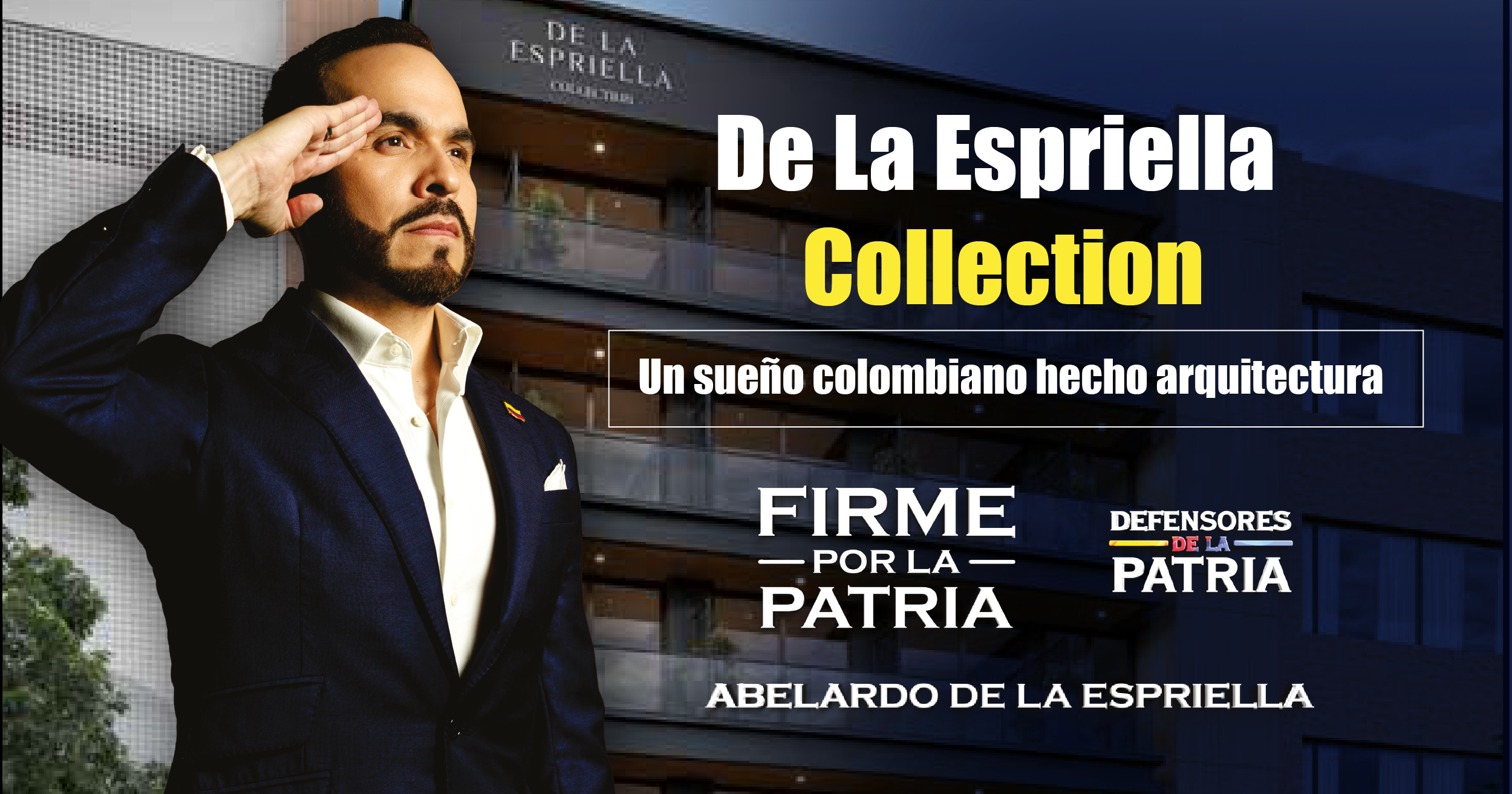 Abelardo De La Espriella frente al edificio De La Espriella Collection en la Zona T de Bogotá, presentando su proyecto de apartasuites de lujo e inversión